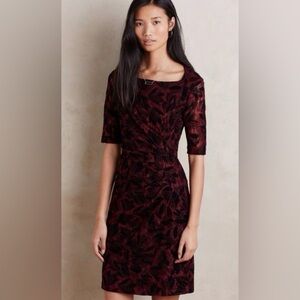Anthropologie Maeve Elorn Dress Wine Black Flocked Lace Faux Wrap | Size 12